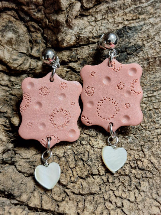 Pink polymer clay and shell heart earrings